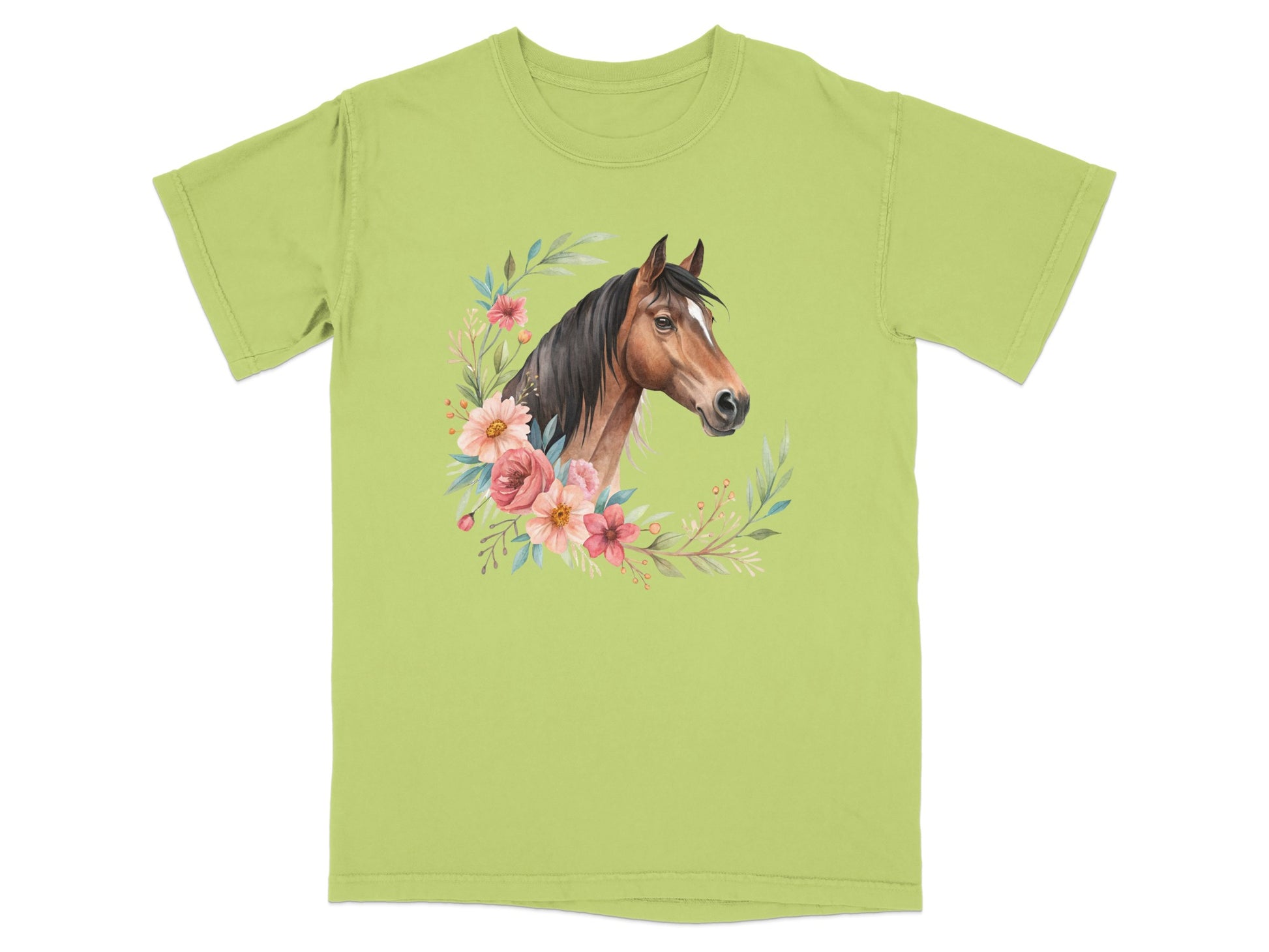 Light green t-shirt with a watercolor horse head surrounded by flowers.