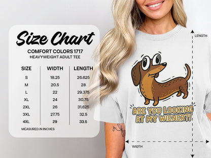 Size chart for Comfort Colors 1717 heavyweight adult tee, with dachshund graphic.