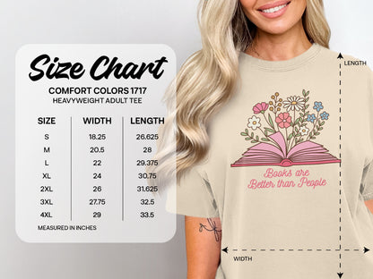 Comfort Colors 1717 size chart with t-shirt graphic: "Books are Better than People".