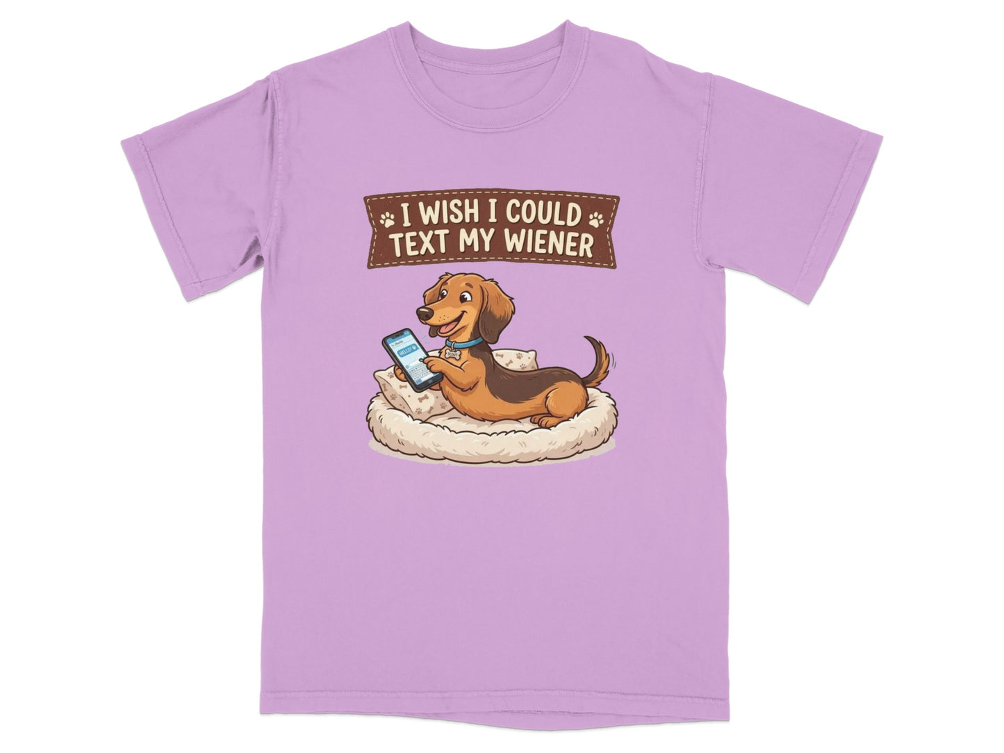 Dachshund dog wearing a collar, lying on a pillow, looking at a smartphone, with text "I wish I could text my wiener".