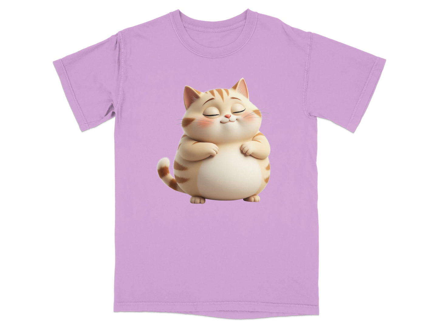 Chubby cartoon cat with eyes closed on a light purple t-shirt.