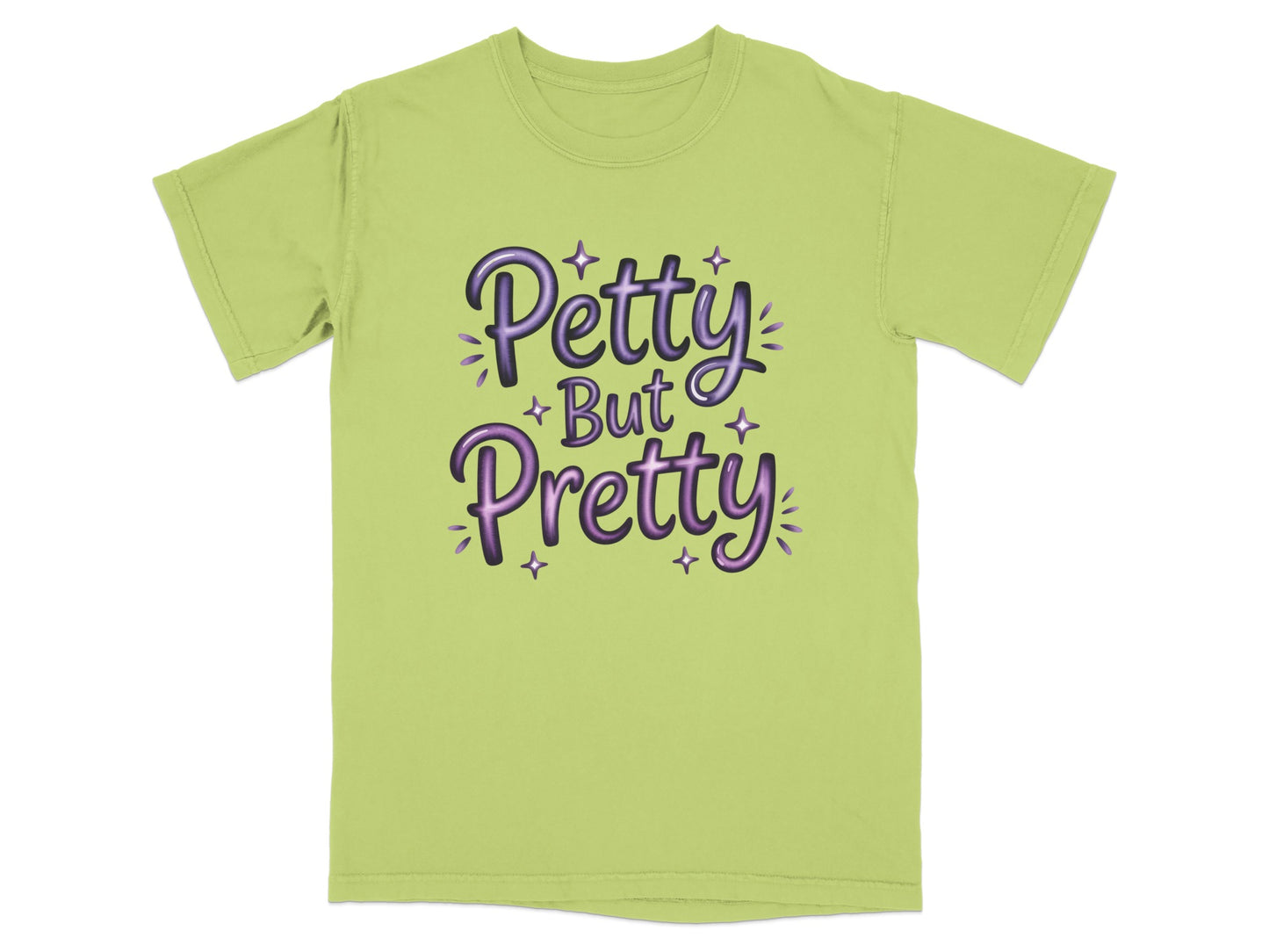 Light green t-shirt with "Petty But Pretty" text design.