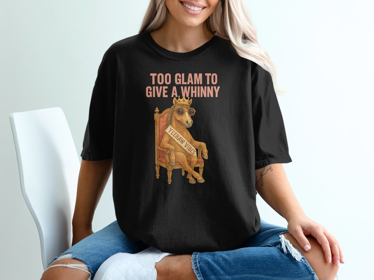 Black t-shirt with "Too Glam to Give a Whinny" and "Yeeyhaw Vibes" text.