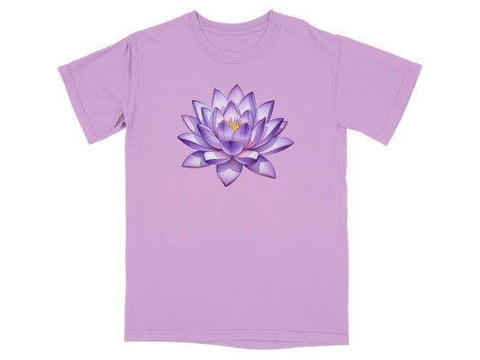 Light purple t-shirt with a watercolor-style purple lotus flower graphic.