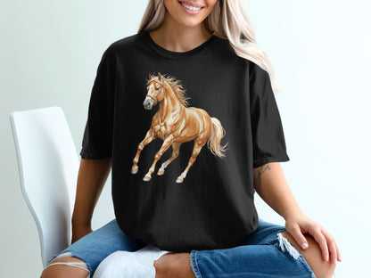 Black t-shirt featuring a galloping golden horse illustration.