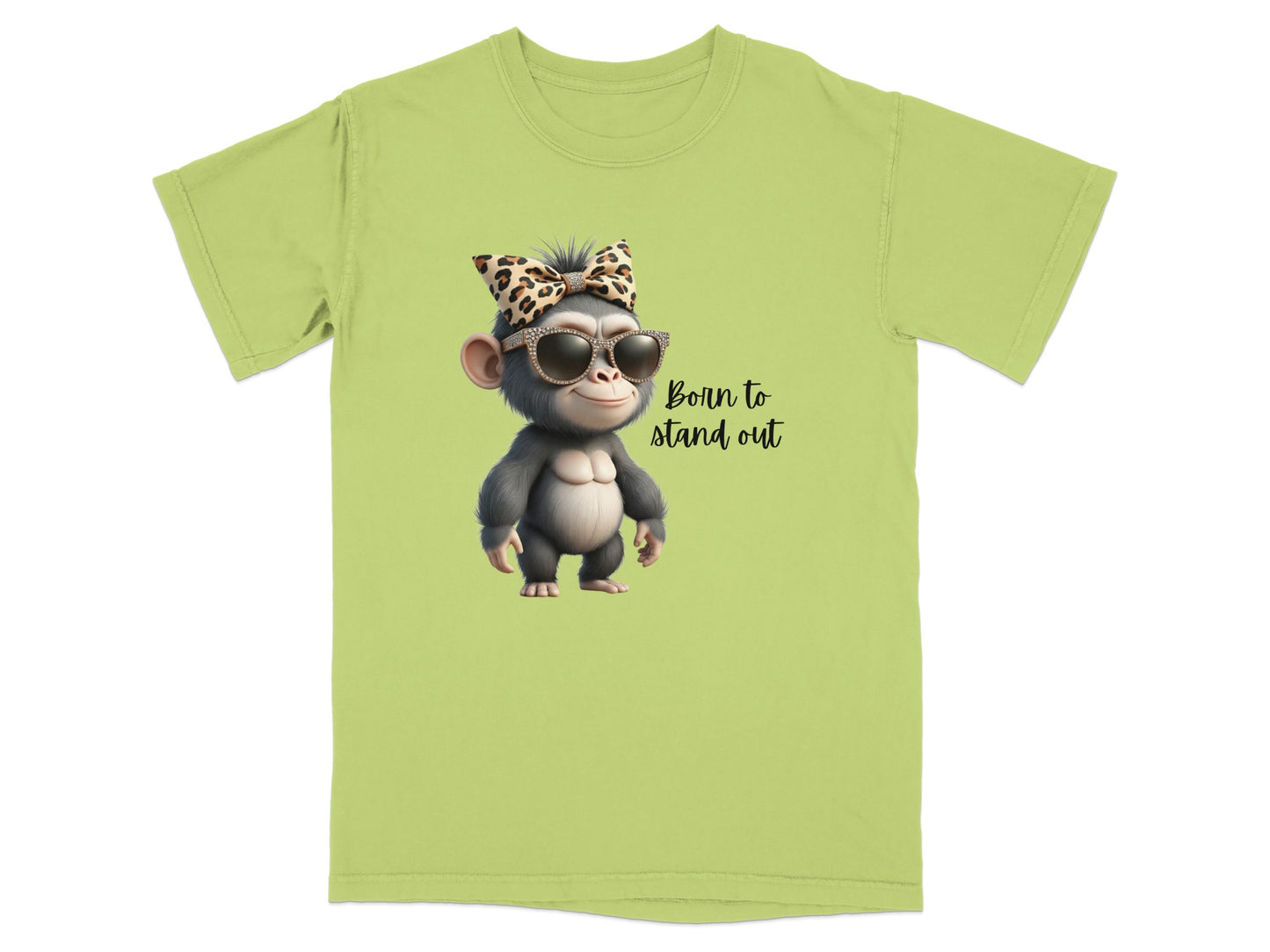 Chimpanzee wearing sunglasses and a bow, with text "Born to stand out".