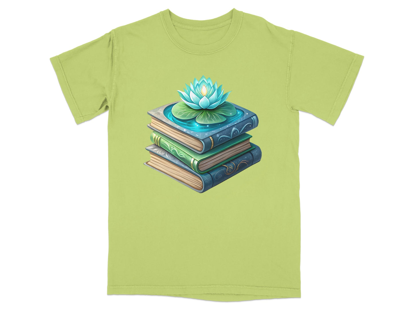 Stack of books with a glowing lotus flower on top, on a light green t-shirt.