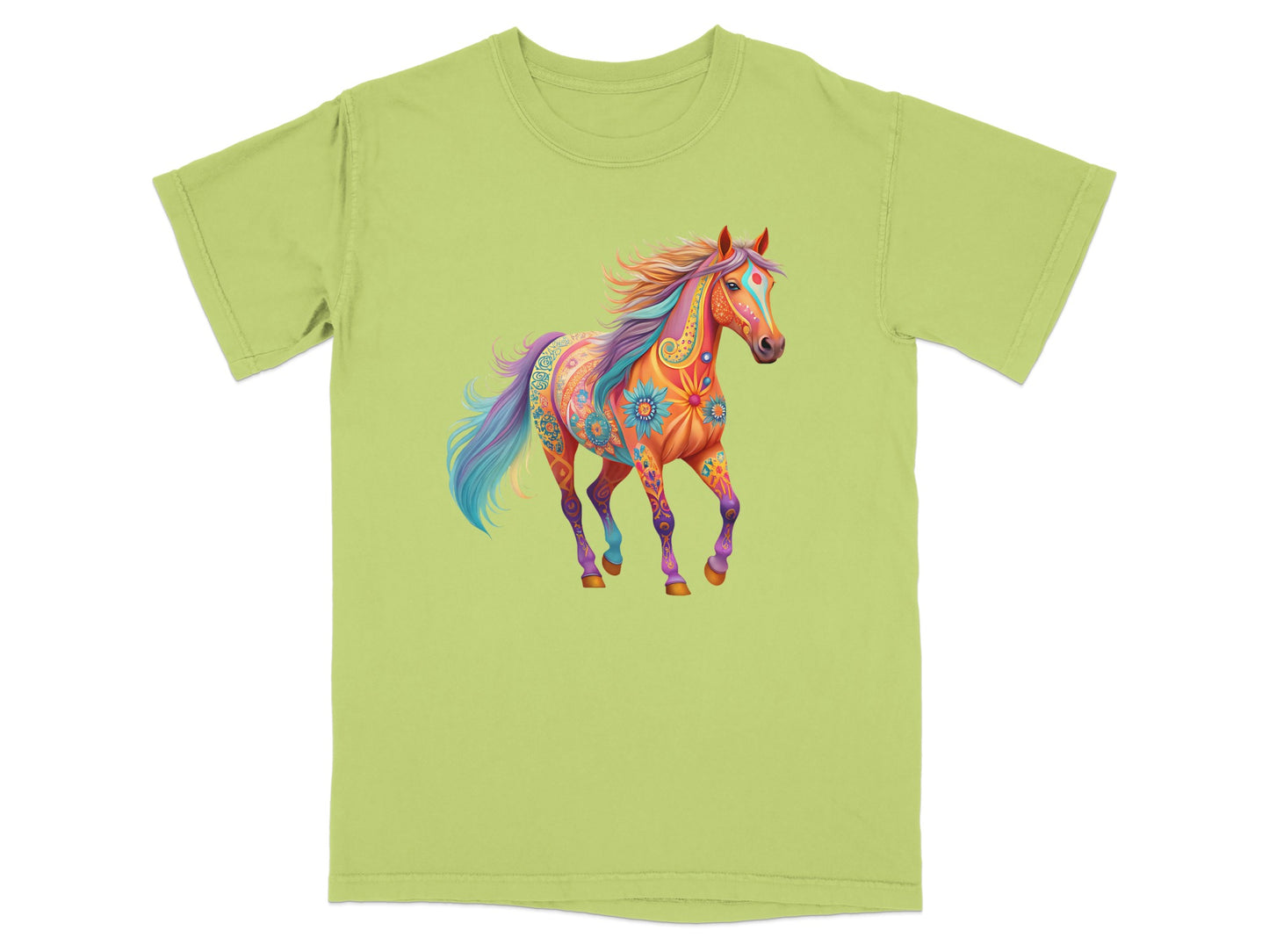T-shirt with a colorful, ornate horse design.