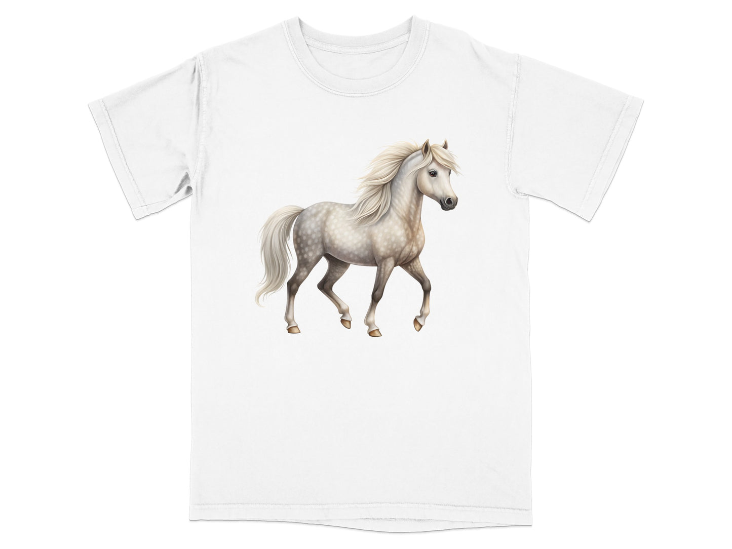 White t-shirt with a detailed illustration of a white horse with grey spots.