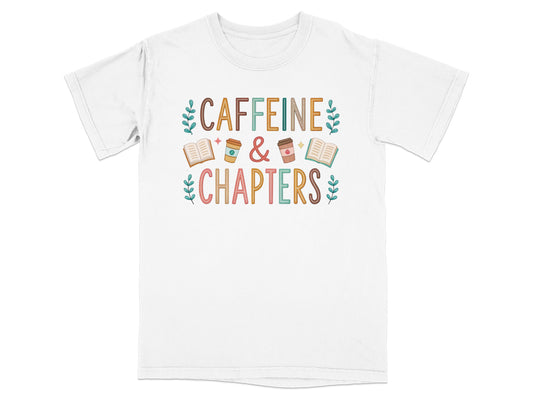 White t-shirt with "Caffeine & Chapters" text and decorative elements.