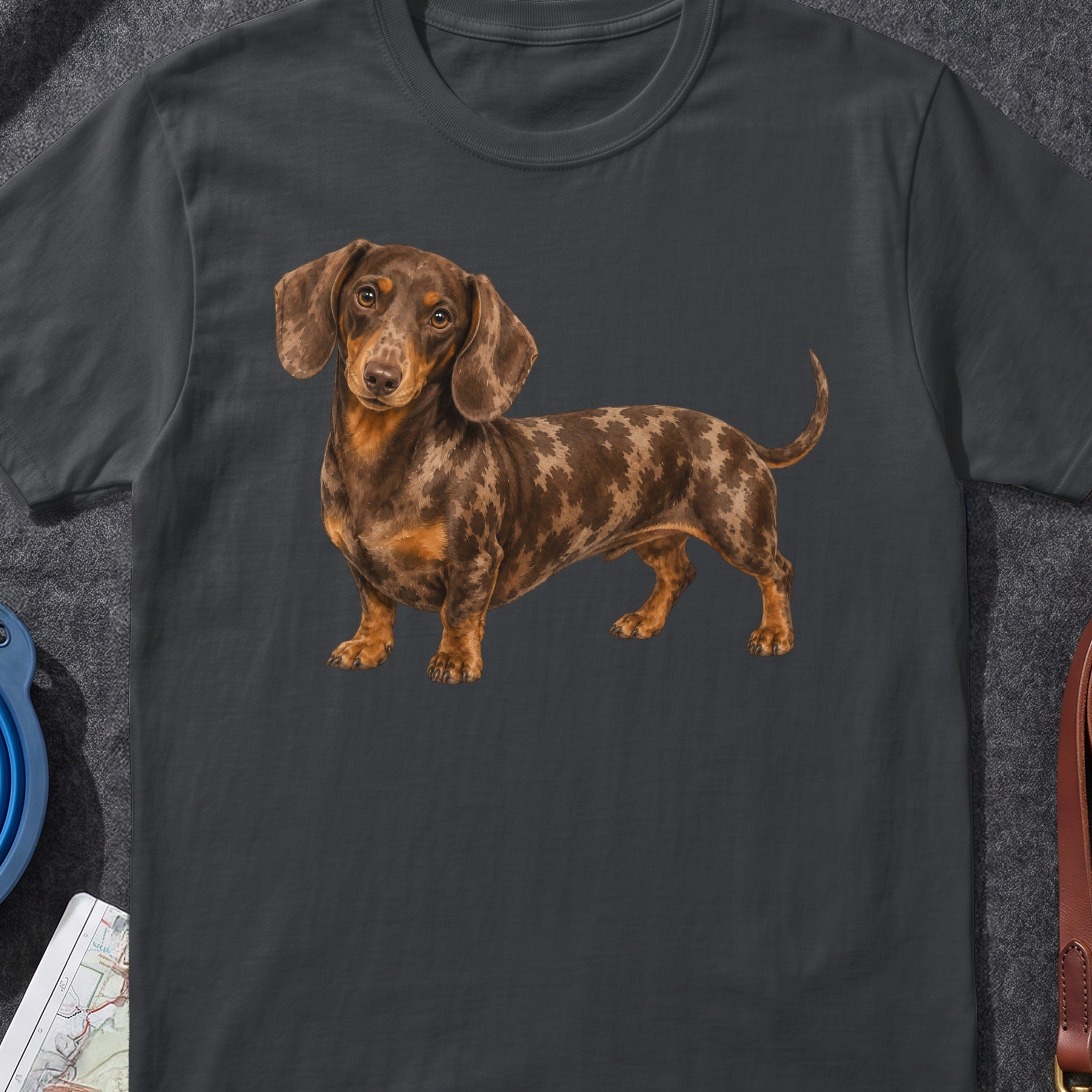 Dachshund with dapple coat stands on dark t-shirt, facing viewer.