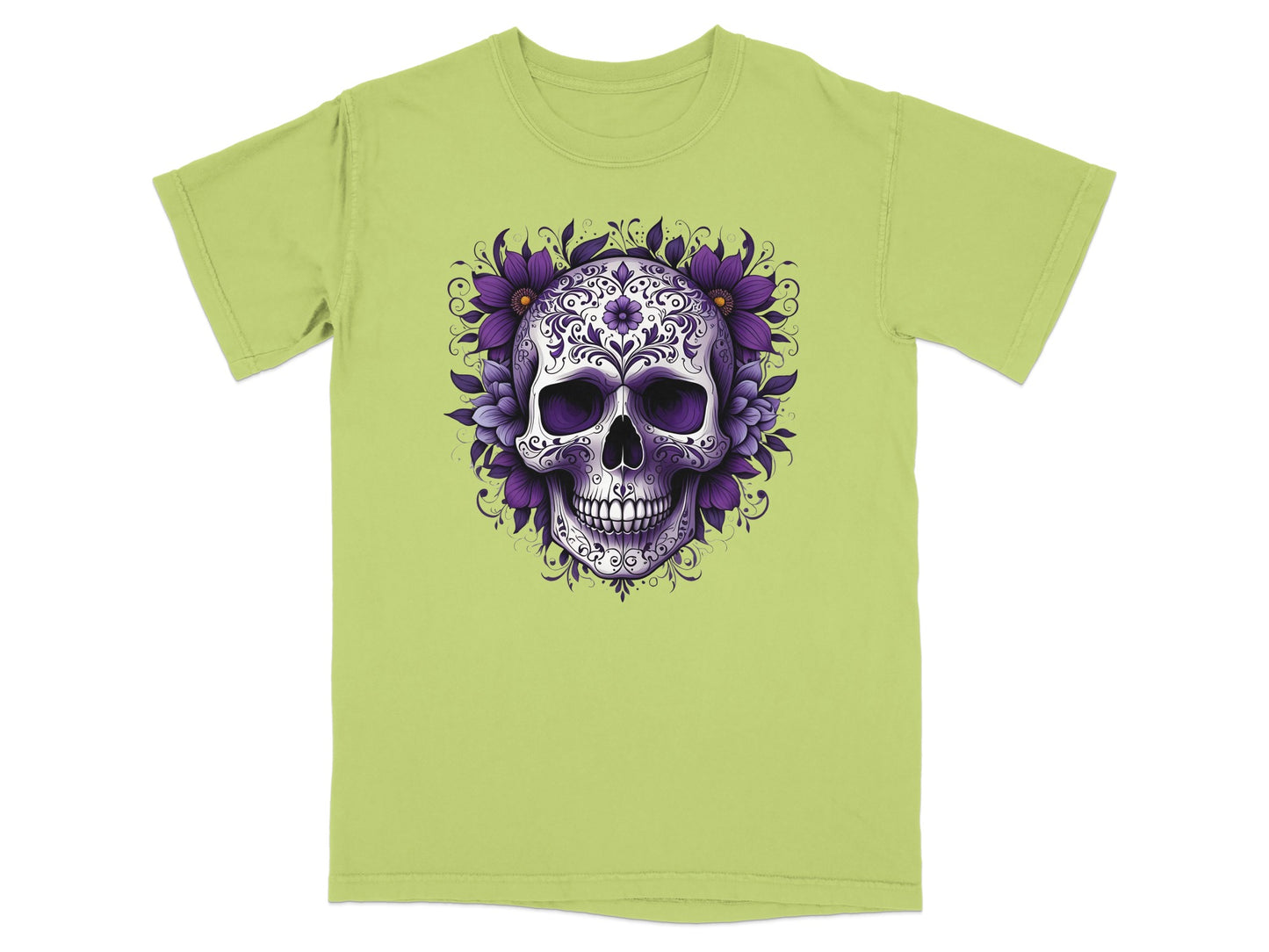 Green t-shirt with a purple skull and floral design.