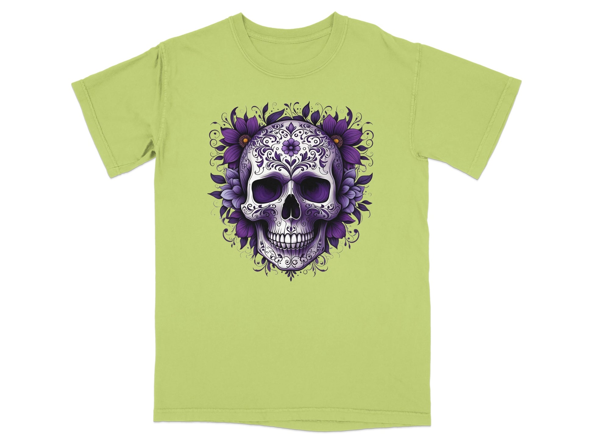 Green t-shirt with a purple skull and floral design.