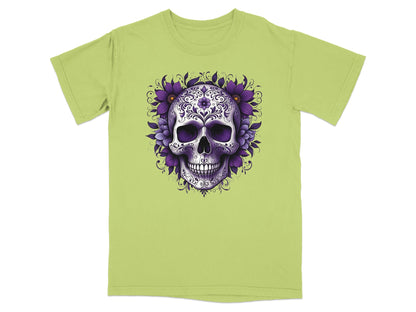 Green t-shirt with a purple skull and floral design.