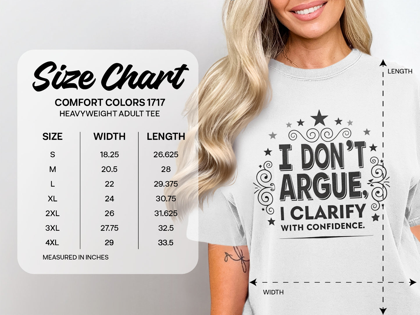 Size chart for Comfort Colors 1717 heavyweight adult tee.