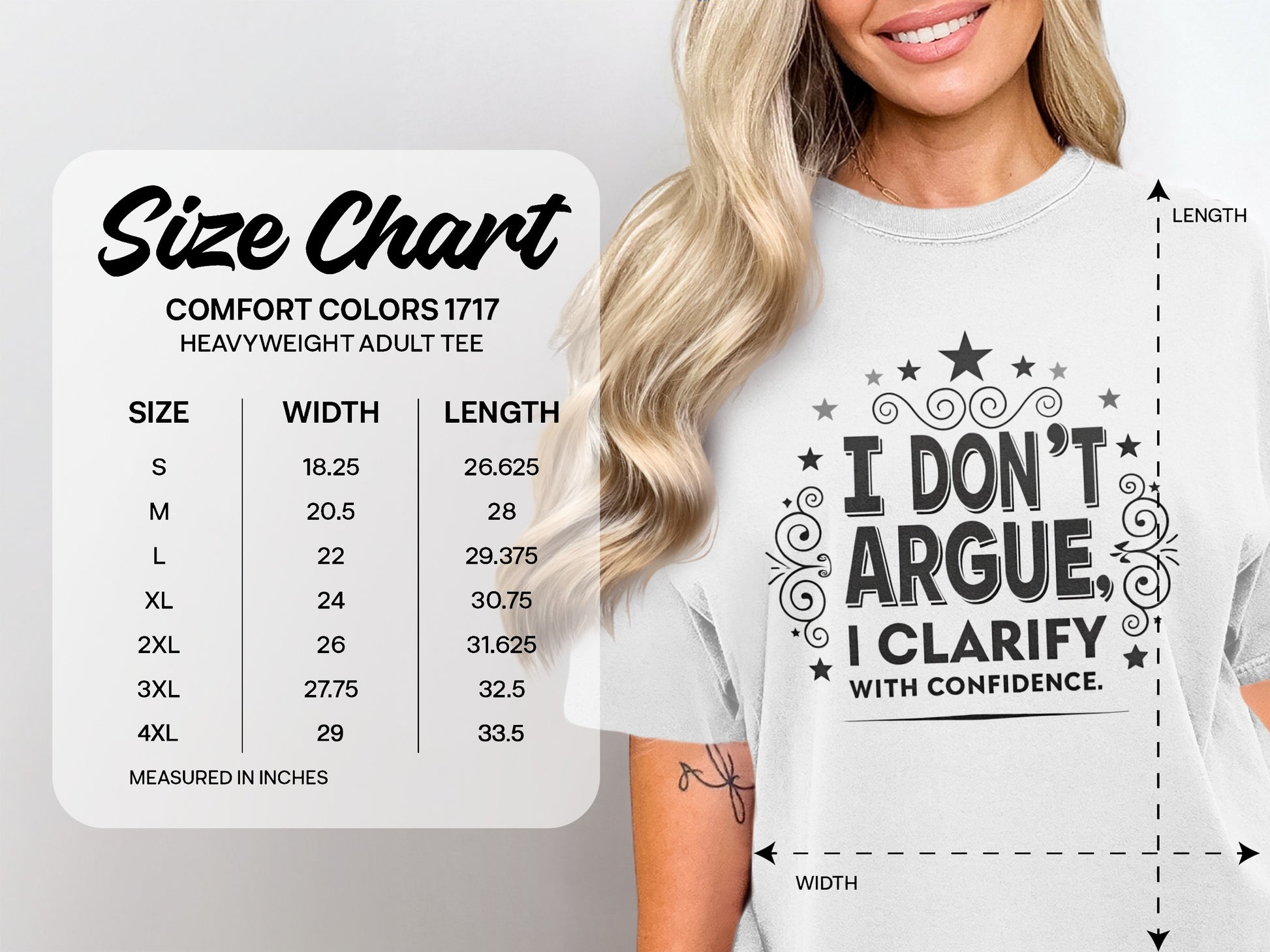 Size chart for Comfort Colors 1717 heavyweight adult tee.
