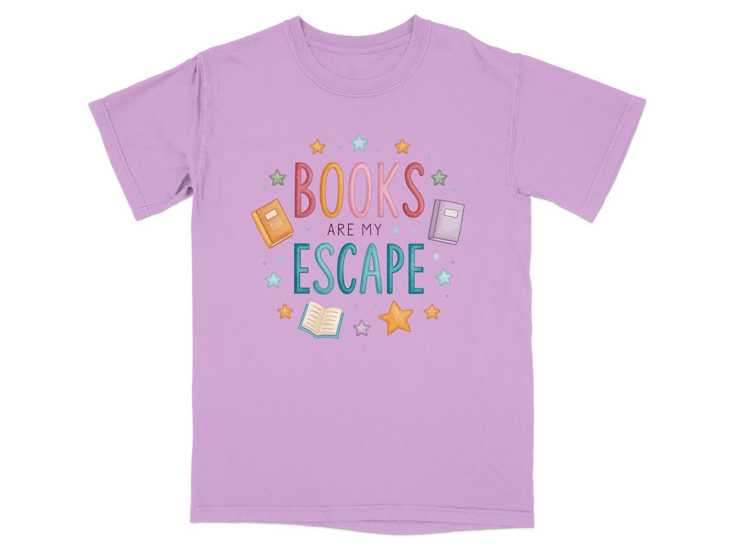 Lavender t-shirt with "Books Are My Escape" text and book illustrations.