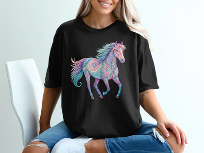 Black t-shirt featuring a colorful, patterned horse in shades of pink, purple, and blue.