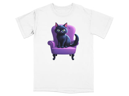 Black cat with green eyes sitting on a purple armchair.