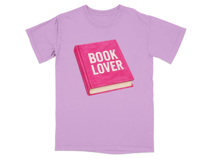 Purple t-shirt with pink book graphic and "Book Lover" text.