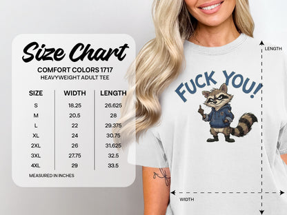 T-shirt size chart with raccoon graphic and "FUCK YOU!" text.