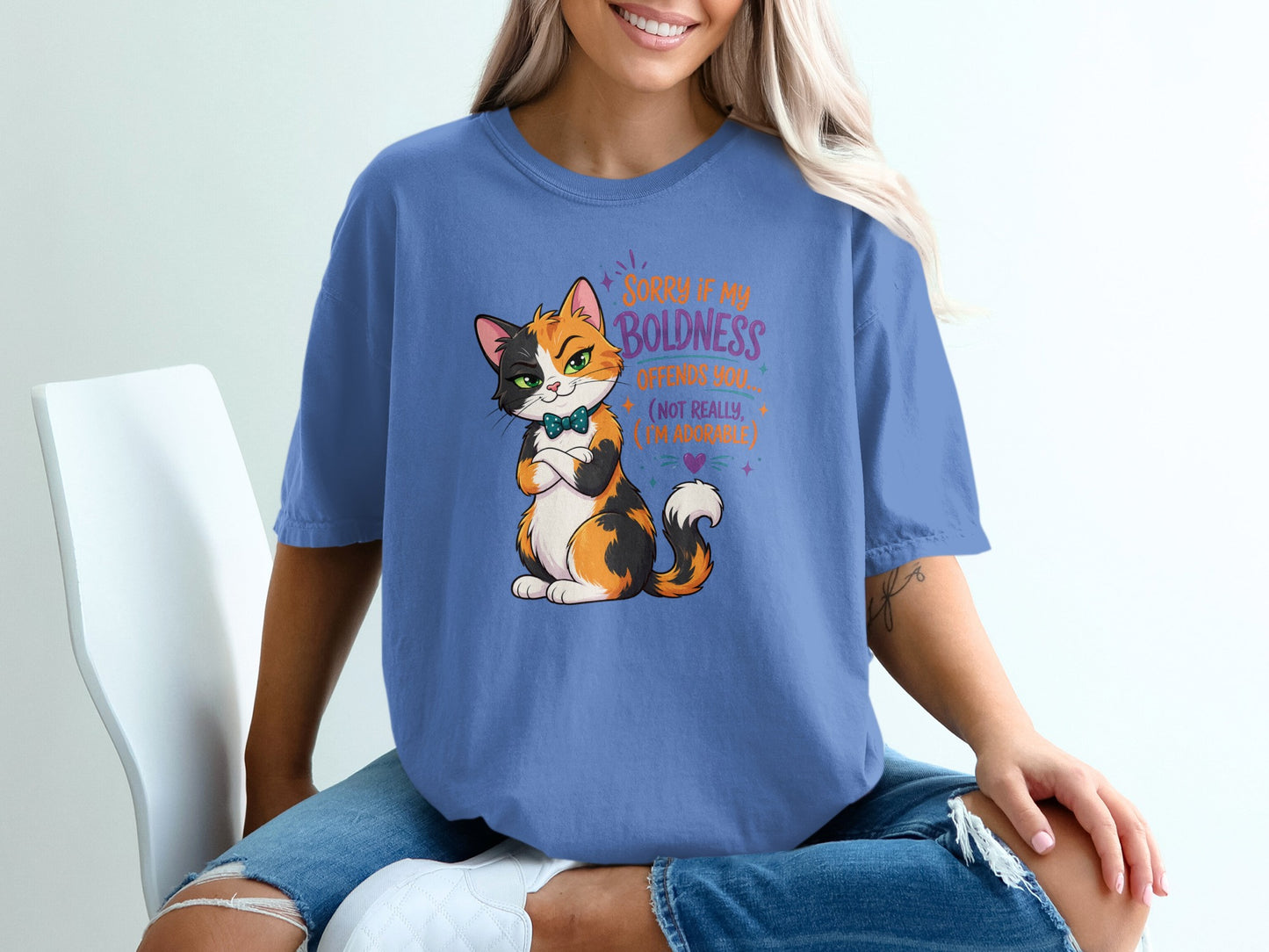 Cartoon cat wearing a bow tie with "Boldness is my superpower" text.