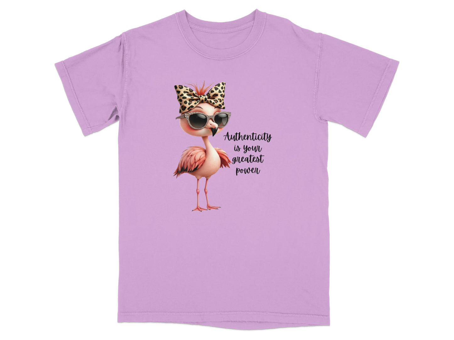 Pink flamingo with sunglasses and leopard print headband on a lavender t-shirt.