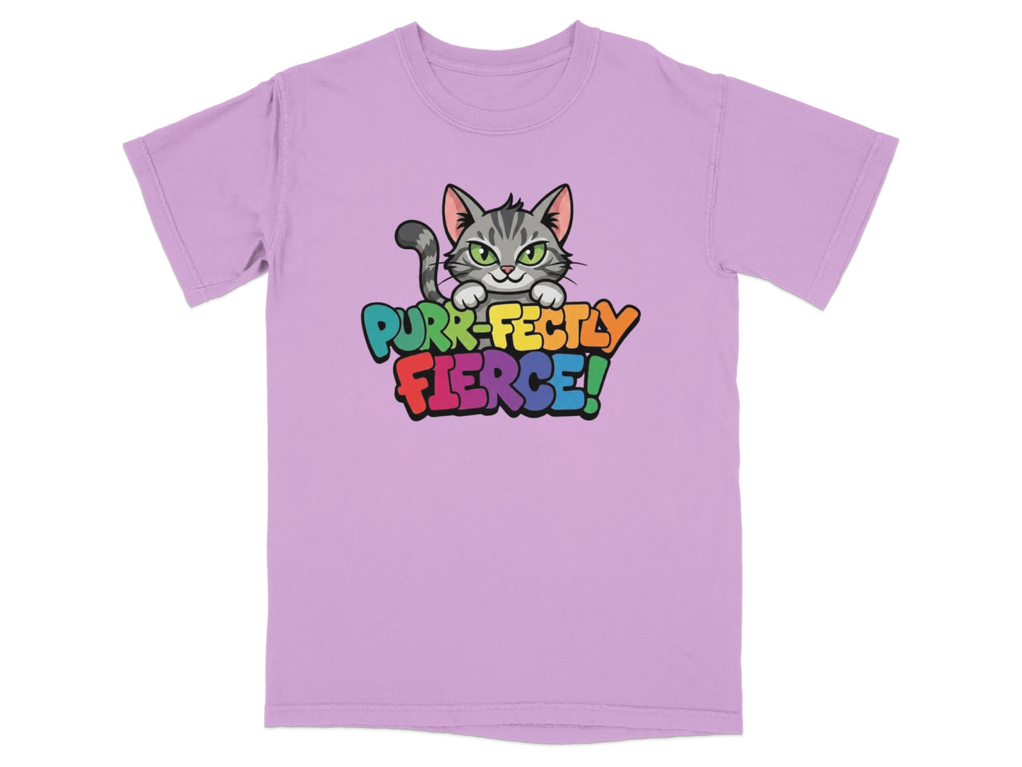 Purple t-shirt with a cartoon cat and "Purr-fectly Fierce!" text.