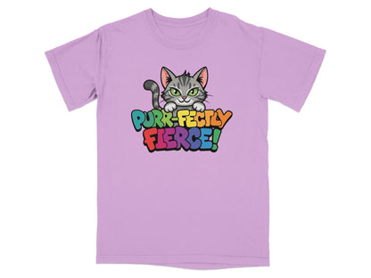 Purple t-shirt with a cartoon cat and "Purr-fectly Fierce!" text.
