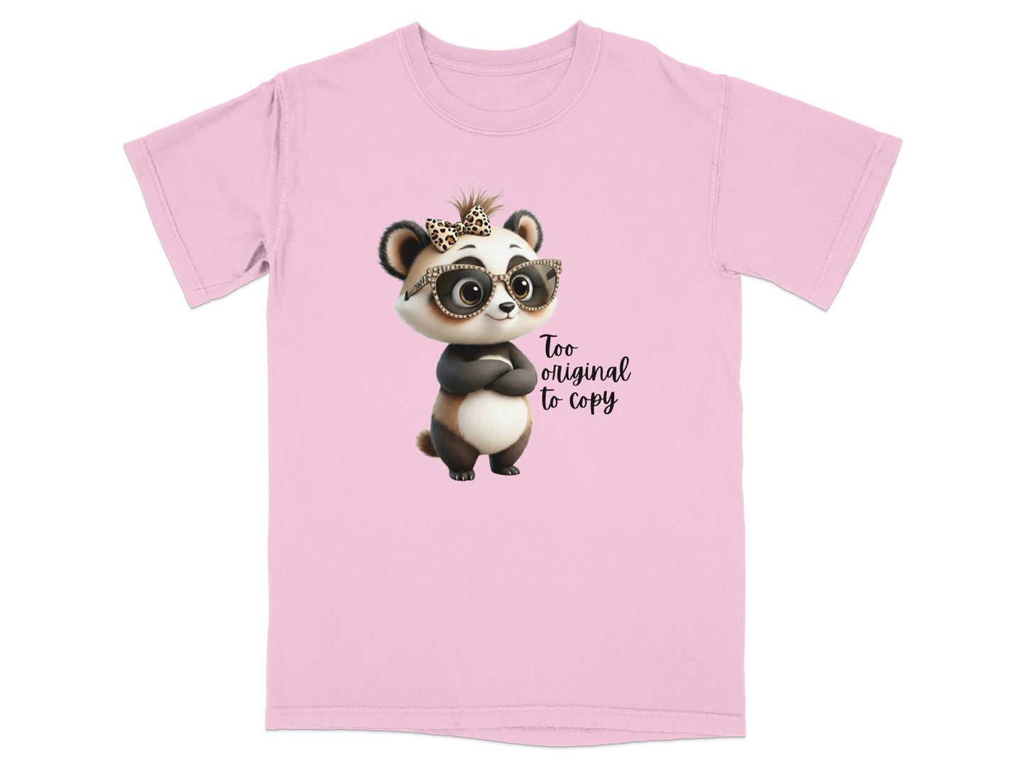 Pink t-shirt with a cartoon panda wearing glasses and bow tie, saying "Too original to copy".