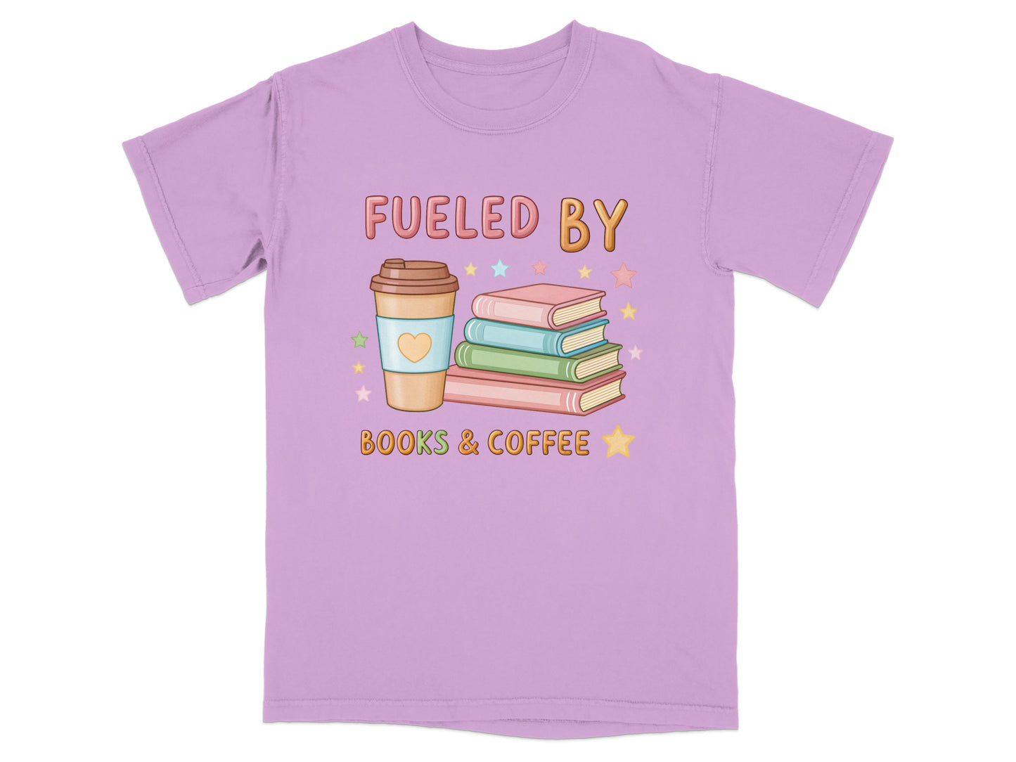 Purple t-shirt with "Fueled by Books & Coffee" and stacked books and coffee cup graphic.