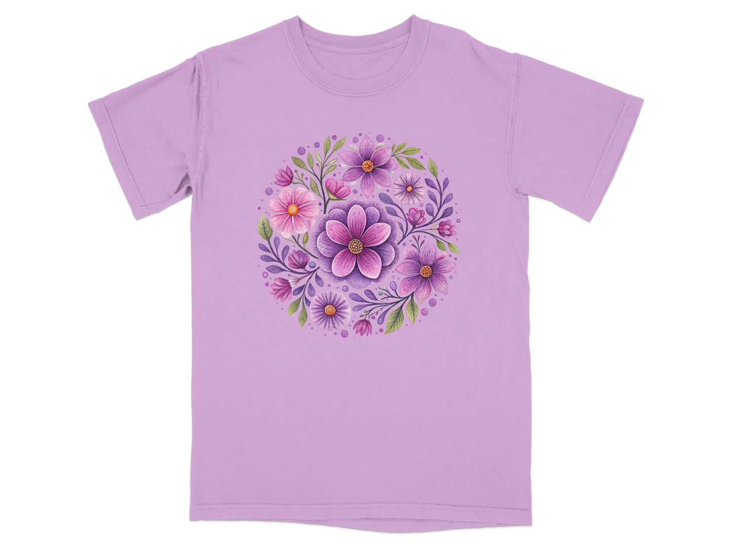Lavender t-shirt with a circular floral design of purple and pink flowers.
