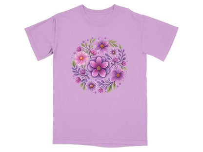 Lavender t-shirt with a circular floral design of purple and pink flowers.