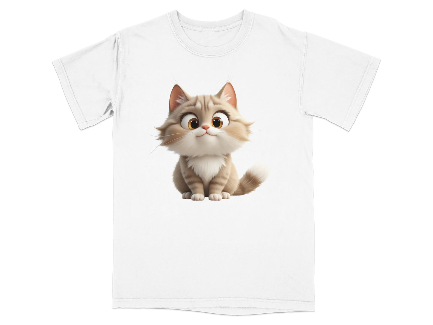 Cartoon cat graphic on a white t-shirt.