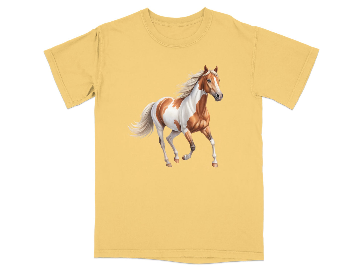 Yellow t-shirt with a brown and white horse running.