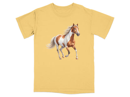 Yellow t-shirt with a brown and white horse running.
