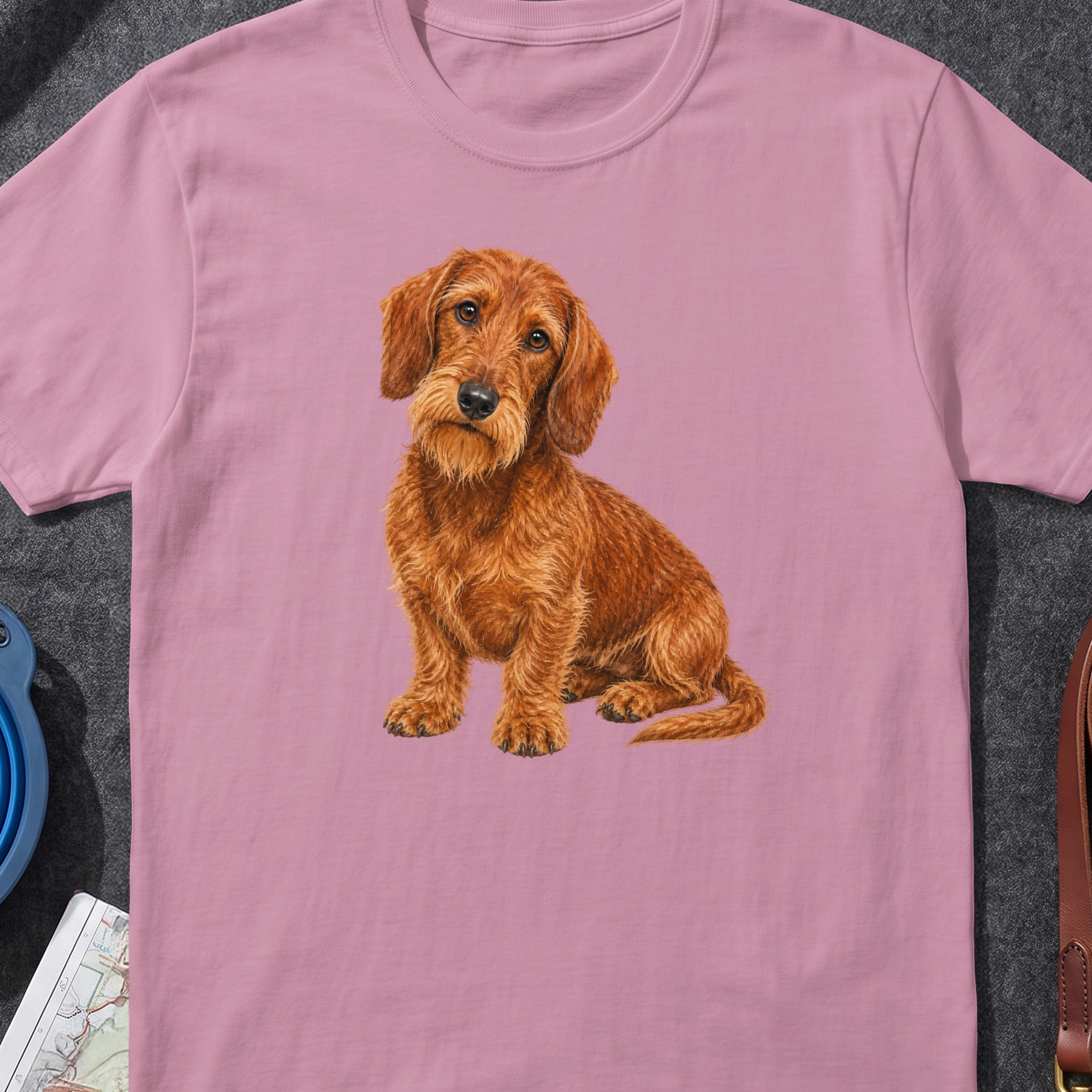 Wirehaired dachshund illustration on a pink t-shirt.