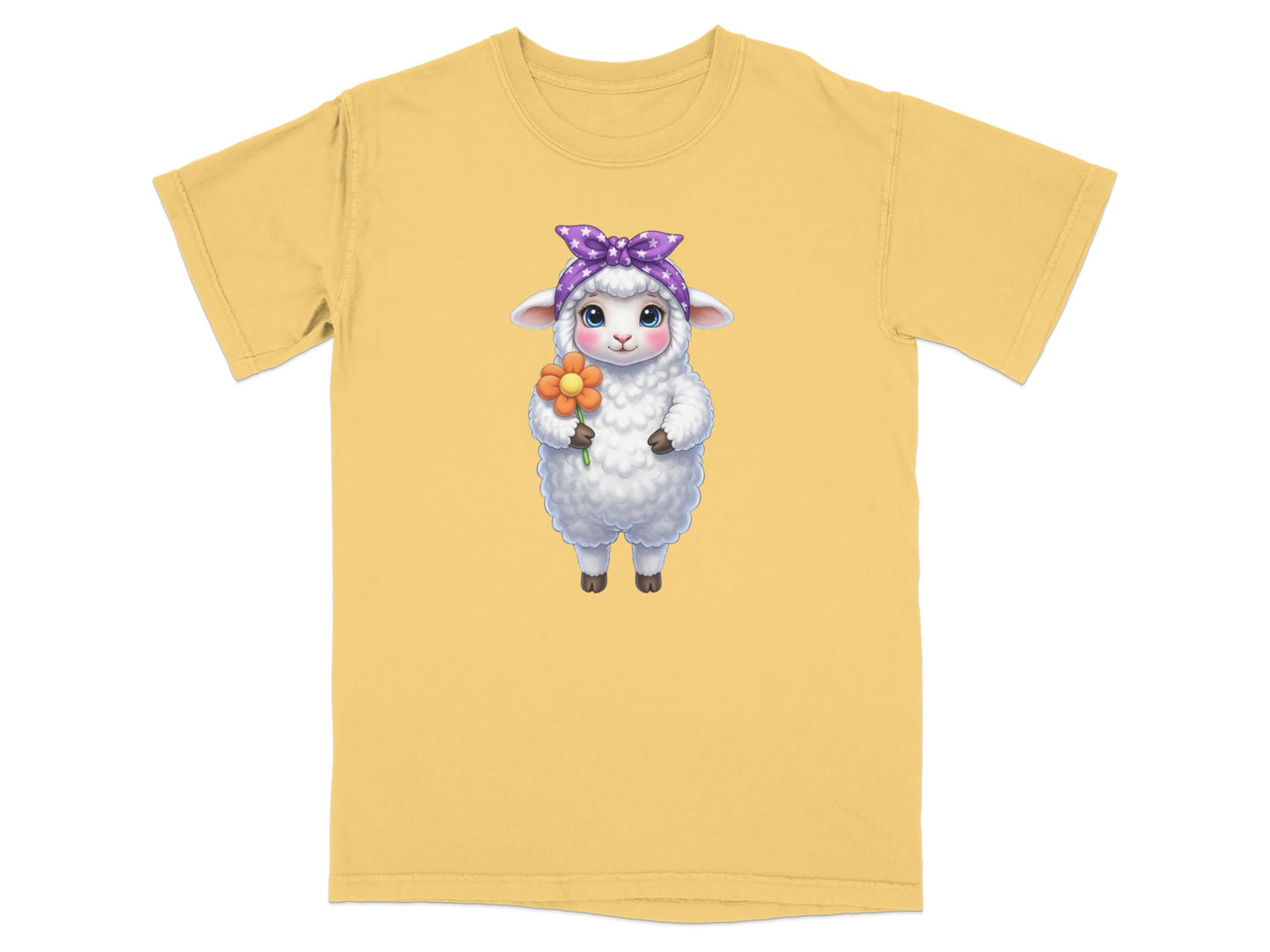 Cartoon sheep wearing a purple bow and holding an orange flower.