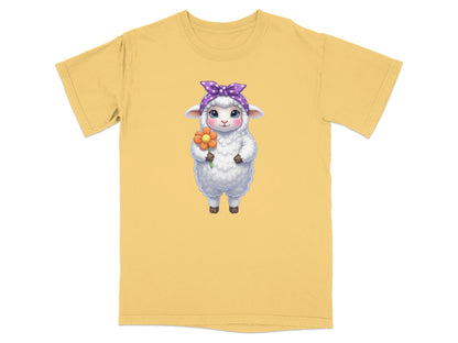 Cartoon sheep wearing a purple bow and holding an orange flower.