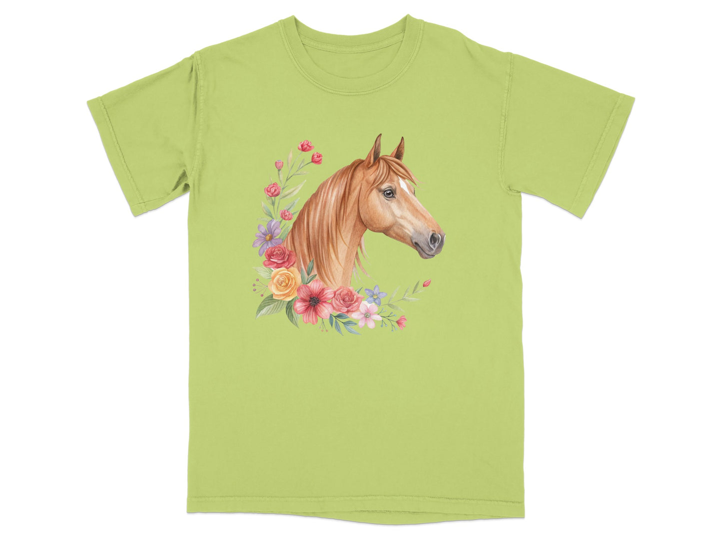 Brown horse head with floral accents on a light green t-shirt.