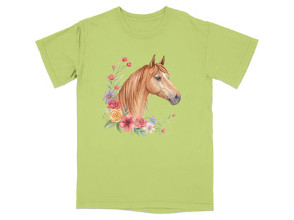 Brown horse head with floral accents on a light green t-shirt.