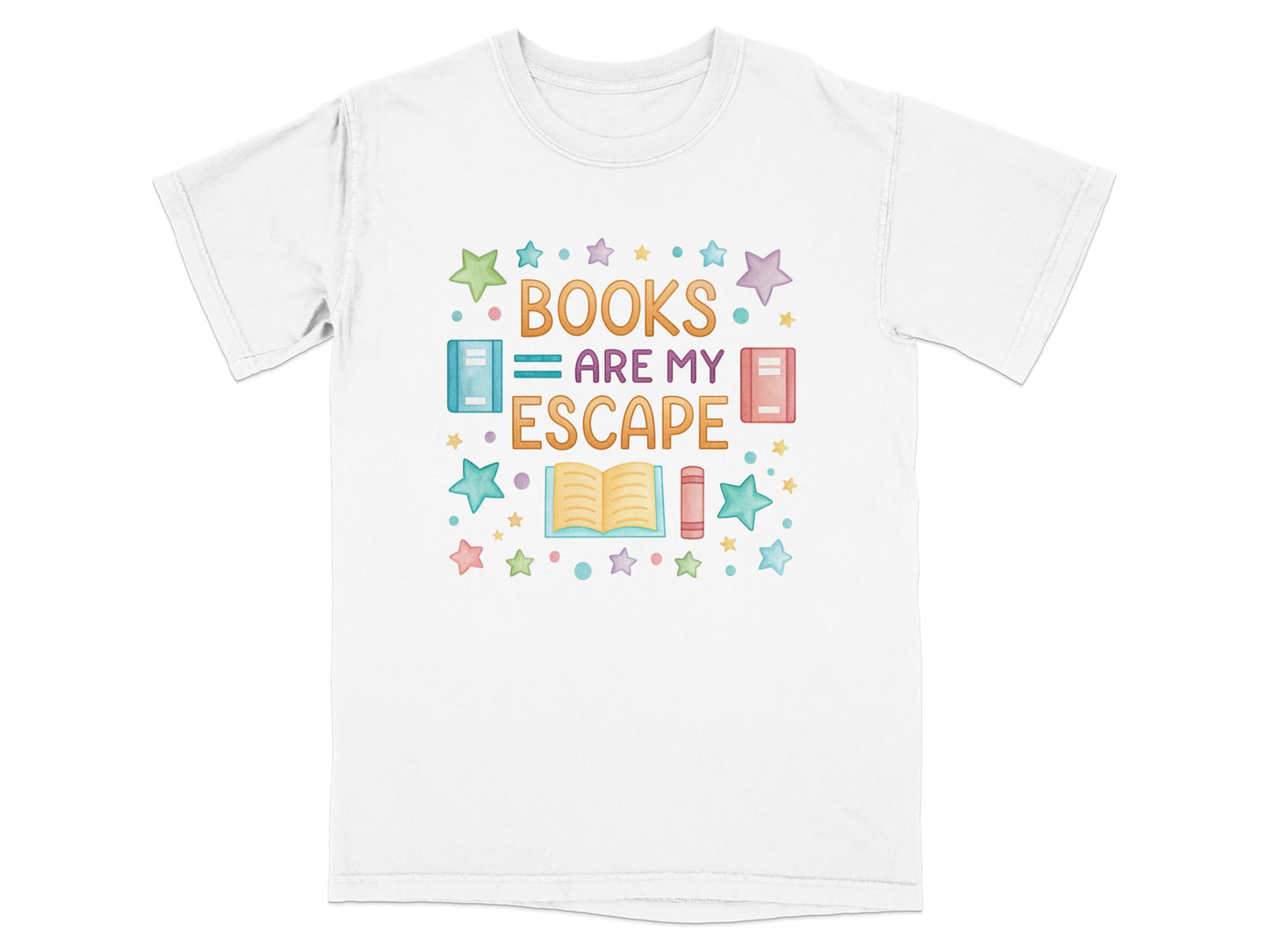 T-shirt with colorful stars, books, and text "Books are my escape".