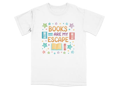 T-shirt with colorful stars, books, and text "Books are my escape".