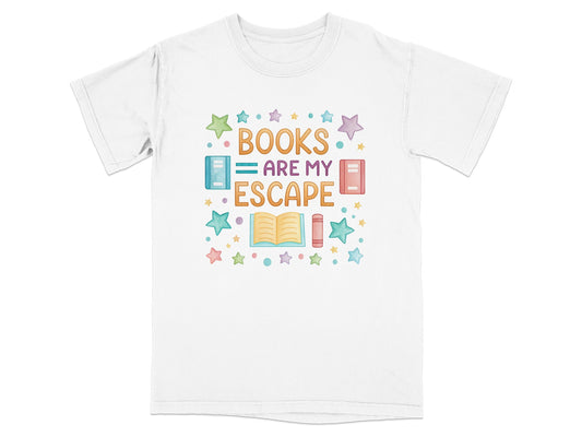T-shirt with colorful stars, books, and text "Books are my escape".