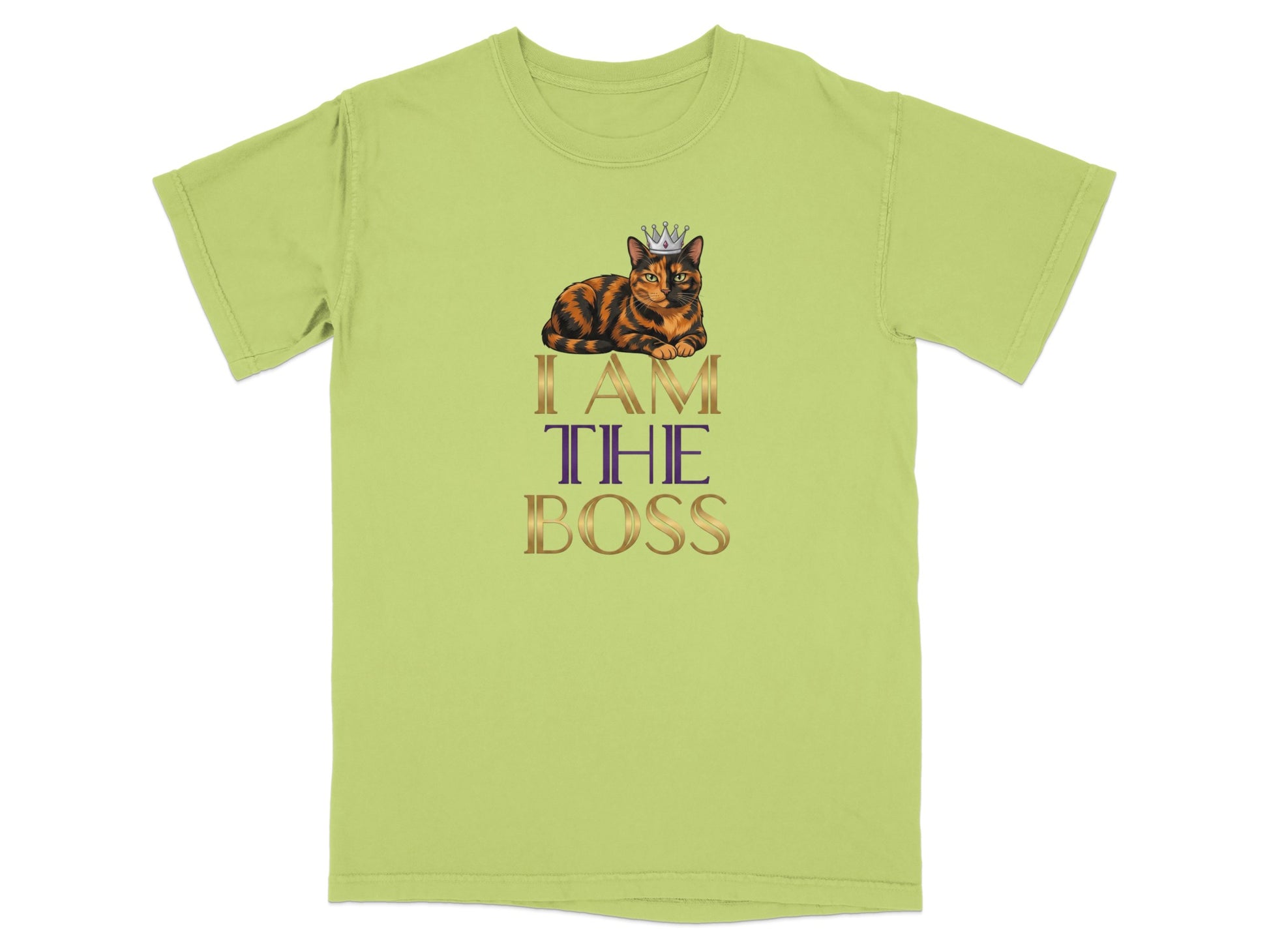 Green t-shirt with a tortoiseshell cat wearing a crown and the text "I AM THE BOSS".
