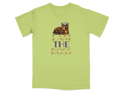 Green t-shirt with a tortoiseshell cat wearing a crown and the text "I AM THE BOSS".
