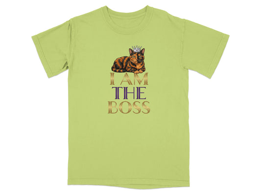 Green t-shirt with a tortoiseshell cat wearing a crown and the text "I AM THE BOSS".
