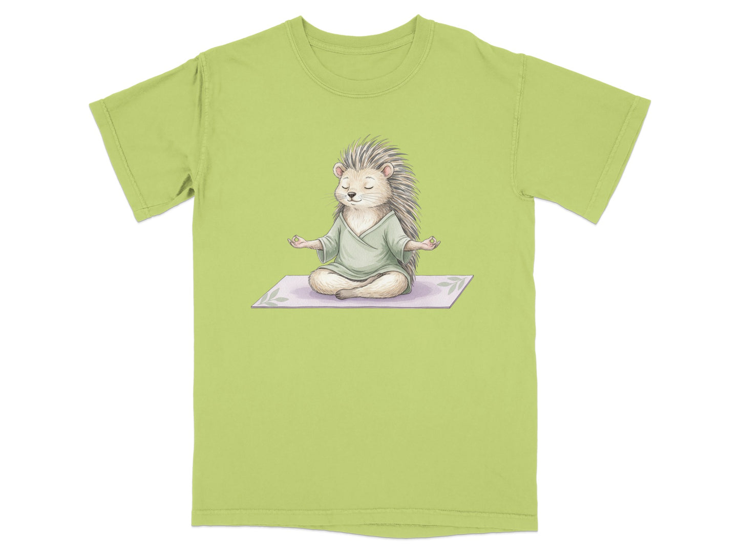 Hedgehog meditating peacefully on a yoga mat.