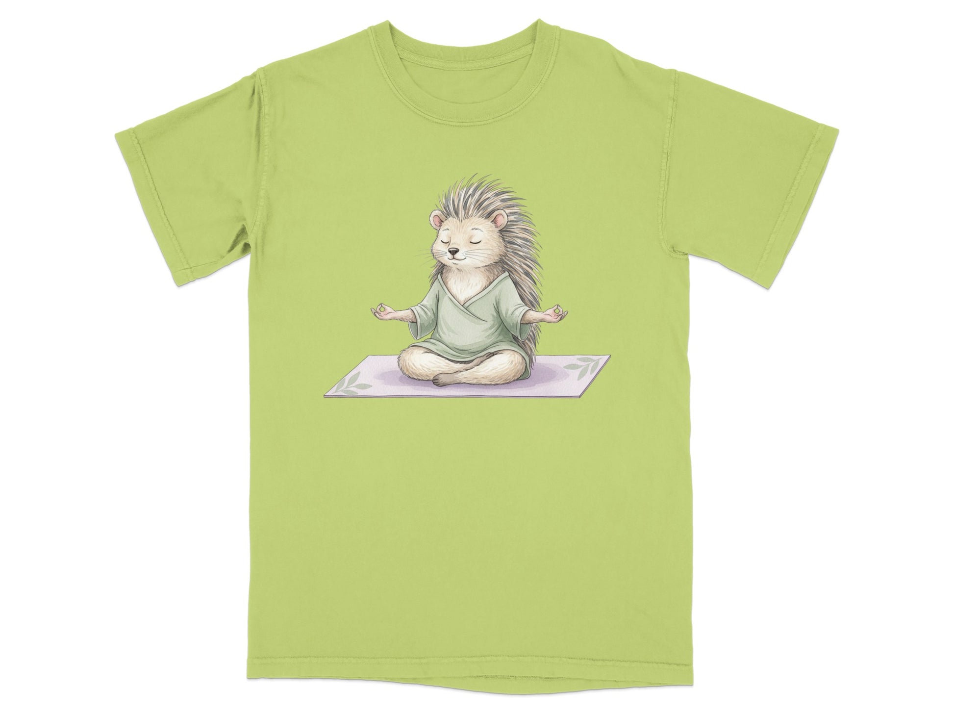 Hedgehog meditating peacefully on a yoga mat.