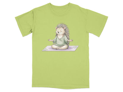 Hedgehog meditating peacefully on a yoga mat.